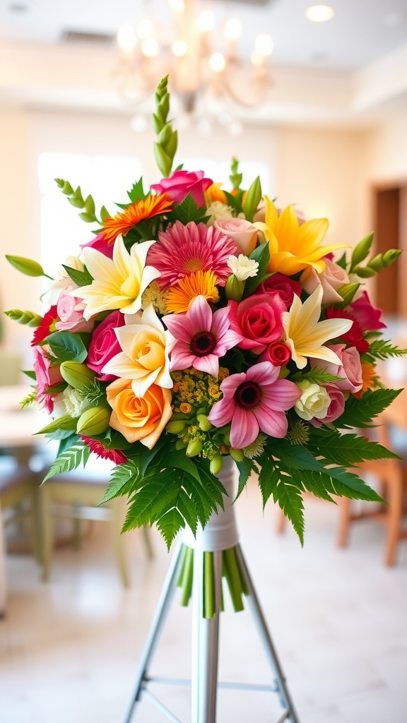 A colorful flower clamp bouquet with roses, daisies, and greenery, elegantly arranged in a stylish clamp.